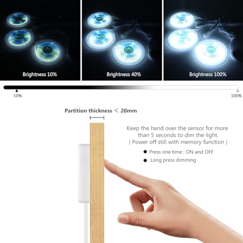 Image of Under Cabinet LED Lighting kit, 6 PCS 6500K White LED Strip Lights Penetrable Wood Touch Dimmable COB LED Strip with 60W Adapter for Kitchen Cabinet,Counter,Shelf,TV Back,Showcase