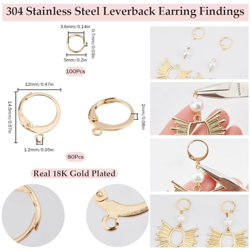 SUNNYCLUE 1 Box 180Pcs Earring Findings Kit 80Pcs Real 18K Gold Plated Stainless Steel Leverback Earring Hooks 100Pcs Open Jump Rings Hypoallergenic Huggie Lever Back Ear Wire for jewellery Making Kit - Image 2
