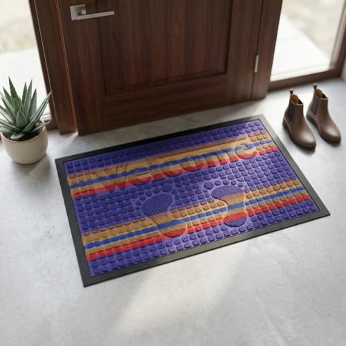 Image of DecorTwist PVC Door Mat 60x40 cm | Heavy Duty Indoor Outdoor Entrance Mat | Anti-Slip Rubber Back | Waterproof Dust & Dirt (Style 2 [ Blue Stripe Design ], PVC Door Mat 60 * 40 cm, Pack of 2)