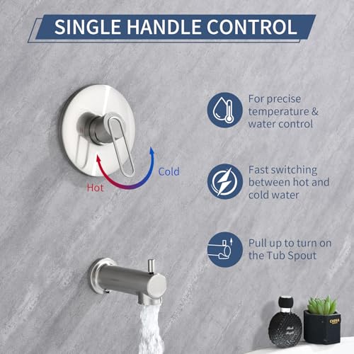 Kit de grifería para ducha con mezclador y salida para bañera, acabado níquel cepillado, montaje en pared, mango único, conexión roscada NPT 1/2 pulgada miniatura 4