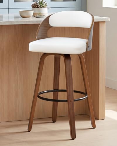 Image of AQG Swivel Bar stools Set of 1 Bar Chairs 26 inch Counter Height Mid-Century Modern Bentwood Barstool PU Leather Upholstered Bar Chair with Back and Footrest, for Bar, Cafe, Dining, Kitchen Island, White