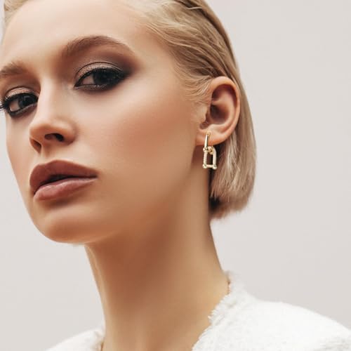 14K Gold Plated Convertible Paperclip Link Huggie Hoop Earrings for Women Small ＆Medium Chunky Hoop U Dangle Earrings Trendy Cubic Zirconia Drop Dangle Earring Girlfriend Birthday Jewelry Gift4