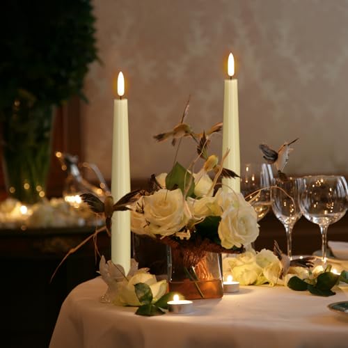 Image of Real Wax Flameless Taper Candles, LED Taper Candles Battery Operated with Rmote, Ivory Flameless Battery Candlesticks with 3D Flame for Spring Wedding Home Decor(0.78 inchx9.84 inch)