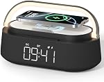 Réveil avec charge sans fil, haut-parleur Bluetooth, FM Radio, lumière de nuit, support téléphonique - 6-in-1 Horloge numérique, 15W Chargeur rapide pour iPhone Samsung AirPods, Cadeau de bureau dans la chambre