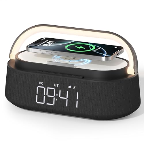 COLSUR Radio Reveil Digital avec Chargement sans Fil, Multifonctionnel Radio FM avec Port de Chargement USB, Réveil Matin Enceinte Bluetooth, Affichage LED,...