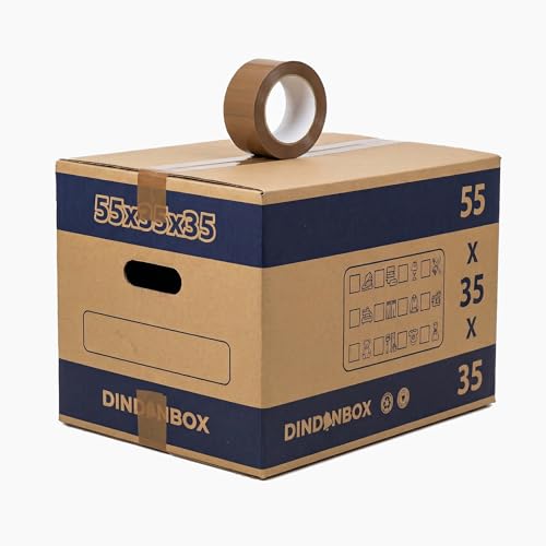 DindonBox 10 Cajas de Cartón para Mudanza 55x35x35cm con Precinto | Cajas de Cartón de Alta Resistencia con Asas para Mudanzas, Almacenaje y Transporte | Cartón Reciclado