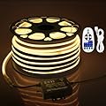 Samsion 150ft LED Neon Strip Lights for Outdoor Waterproof Neon Rope Light AC 110V~130V Warm White Neon LED Flexible String Light with Dimmable Controller for Outside Bedroom Garden Building Yard