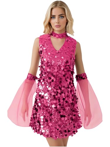 Aislor Glitzerkleid Damen Glitzer Paillettenkleid Karnevalskostüm Disco Kostüm 60er 70er Vintage Tanzkleid A-Linien Kleid Gogo Clubwear Rave Party...