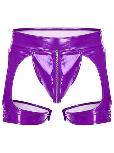 renvena Men's Latex PVC Faux Leather Shorts Removable Bulge Pouch Zipper Thong with Legs Bands3