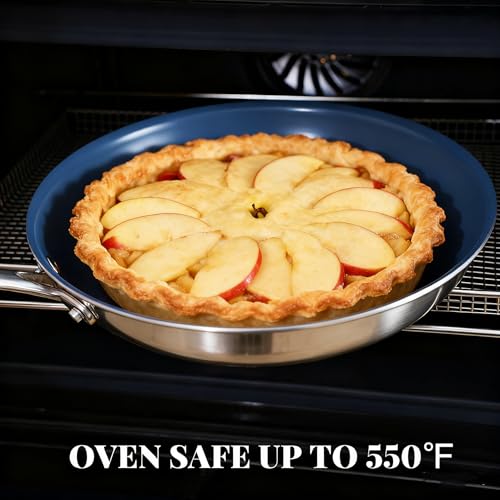 Stainless Steel Non Stick Frying Pan,10 Inch Healthy Non Toxic Ceramic Coating Cookware with Lid,Works on Induction, Electric Stove and Gas Cooktops,PTFE PFAS PFOA Free Skillet,Dishwasher&Oven Safe