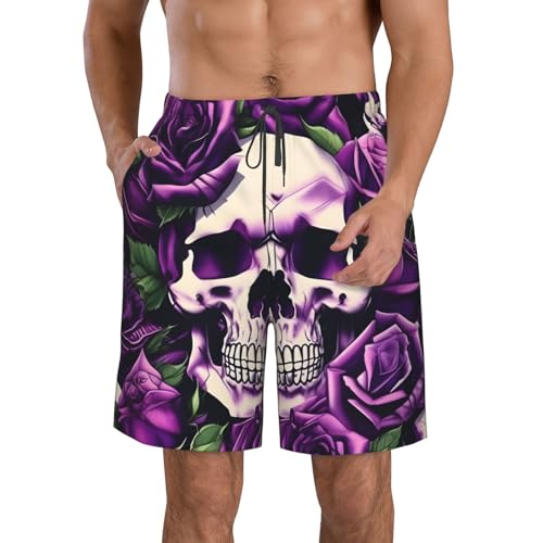 Many Purple Rose Skull Men's Flower Print Beach Shorts,Mens Swim Trunks Quick Dry Beach Shorts,Hot Summer Swim Trunks