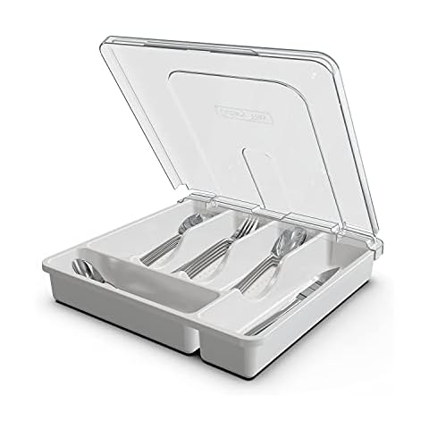 Utensil Drawer Organizer, Silverware Holder with Lid 5 Compartments Plastic Cutlery Tray for Countertop Kitchen(White) Cover
