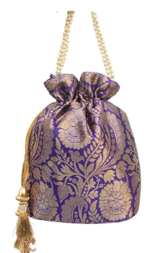 Image of MILAN'S CREATION Banarasi Silk Brocade Potli Bag Purse With Base Drawstring Women's handbag with Pearl Handle & Tassel Weddings