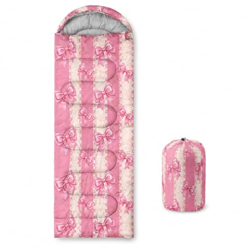 AILONEN Kawaii Bow Tie Pink Sleeping Bag for Adults Kids Cold Warm Weather,Portable Waterproof & Lightweight,for 3-4 Seasons Camping,Backpacking,Hiking,Travel,Indoors Outdoors