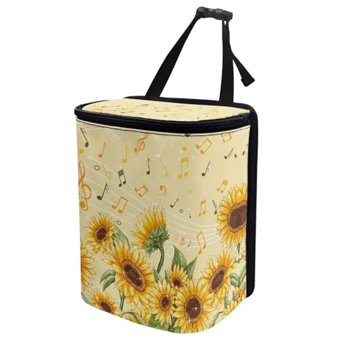 Image of Talayituse Sunflower Music Note Print Car Trash Bin, Large Size Auto Trash Can Adjustable Portable Garbage Can with Lid, Vehicle Hanging Bag for Headrest Front Back Seat