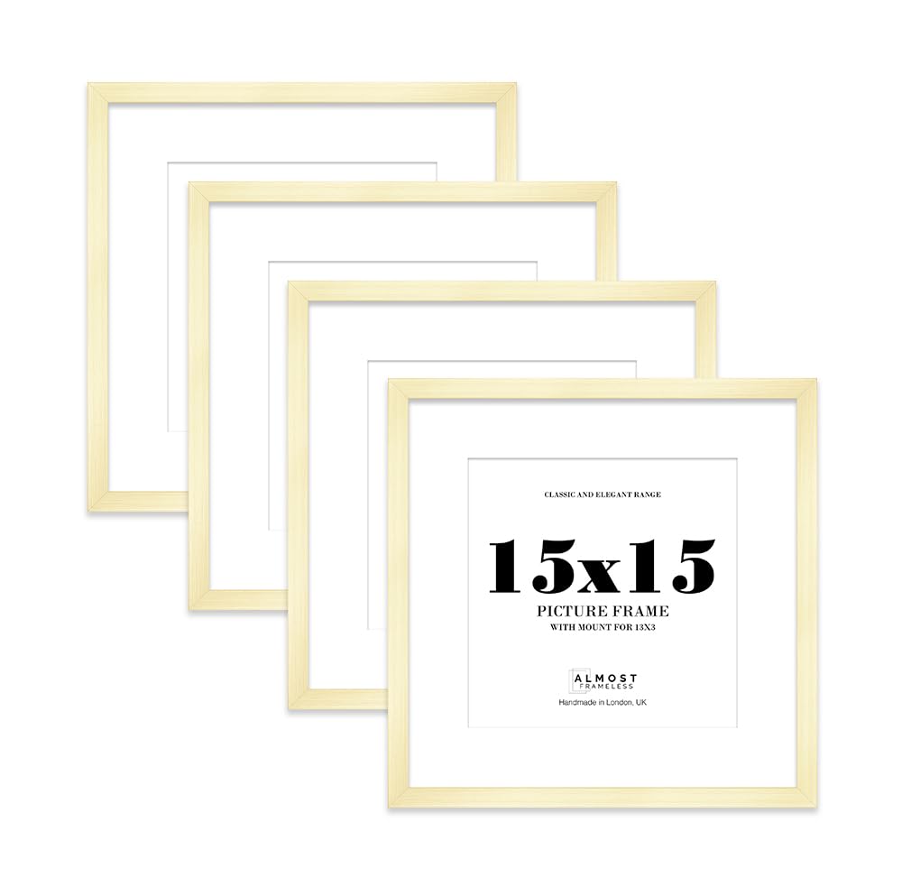 15x15 Gold Picture Frame with Mount for 13x13 Photos, Prints - Modern Square Wall Frame, Set of 4
