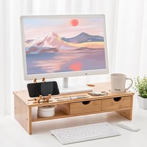 Bamboo Monitor Stand, Wooden Laptop Stand with Drawer, Wood Monitor Riser for Desk, Computer Monitor Stand with Smart Phone Holder and Cable Management Hole, Office Supplies, 22x50x14cm