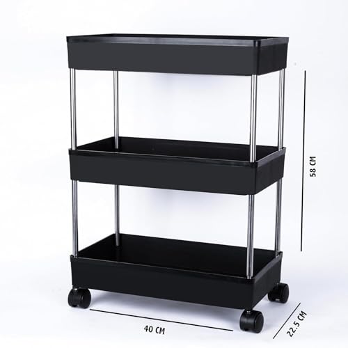 Image of Umite Chef 3 Tier Kitchen Trolley Organizer with Wheels | Multipurpose Storage Rack | Vegetable & Fruit Basket Stand | Rolling Utility Cart for Kitchen, Bathroom, Office - Black