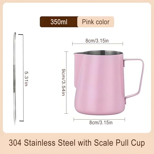 Milk Frothing Pitcher,Tianher Milk Jug Cup Stainless Steel Frothing Pitcher 350ml with Measurement and Latte Decorating Art Pen for Barista Making Coffee Cappuccino(Pink) - Image 4