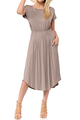 iconic luxe Women's Short Sleeve Flare Midi Dress with Pockets Large Taupe