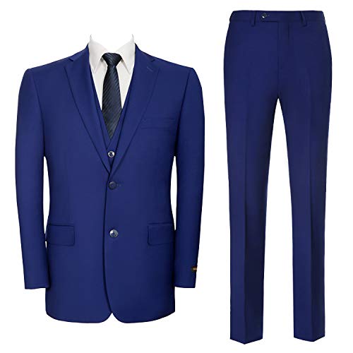 Men's 3-Piece Classic Fit Suit Single Breasted Jacket with Hidden Expandable Waist Flat Front Dress Pants Big and Tall Vested Formal Wedding Business Tuxedo Blue