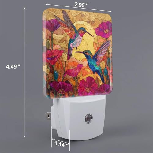 Image of Colorful Hummingbirds Night Light Set of 2, Stained Glass Auto Sensor LED Dusk-to-Dawn Nightlights, Plug-in Sensor Lamp for Bedroom Bathroom Kitchen Hallway Stairs Decorative