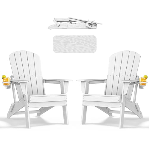 Folding Adirondack Chair - Extended Ergonomic Backrest, Cup Holder - Easy Assembly - Durable HDPE Plastic, Weather Resistant & Maintenance-Free - Lawn, Patio, Deck Supports 380lbs White Whit