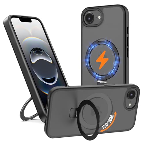 【 米軍MIL規格・Magsafe対応】iPhone 16E / 17E 用 ケース Magsafe対応 ワイヤレス充電 フリップスタンド機能 縦横両対応 スマホケース いPhone 16e 米軍規格 耐衝撃 半透明 マット感 マグセーフ 防指紋 リング マグネット搭載 ぐーくるぴくせるiphone 16e カバー「ブラック」JCJCLY-IP16ECASE
