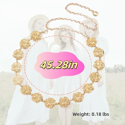 Gold Belts for Women, Adjustable Golden Flower Chain Belt, Metal Waist Chain Belt for Dresses Jeans Western Cowgirl3