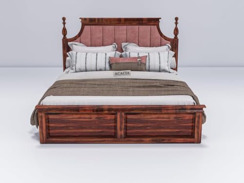 Image of Craft Wooden King Size Bed with Storage | Double Bed Cot Bed with Box Storage & Pink Colour Upholstered Cushioned Headboard for Bedroom, Solid Wood Sheesham, Honey Finish