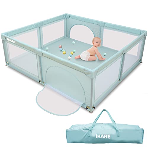 IKARE Baby Playpen, Extra Large Playard, Indoor & Outdoor Kid Activity Center Sturdy Safety Play Yard with Portable Carry Bag, Super Soft Breathable Mesh, Side Zipper Design, Fence for Infant Toddler