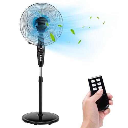 DORTALA - Ventilador de pedestal de doble cuchilla, ventilador oscilante de 18 pulgadas con temporizador y altura ajustable, ventilador eléctrico de pie de 3 velocidades con control remoto para flujo