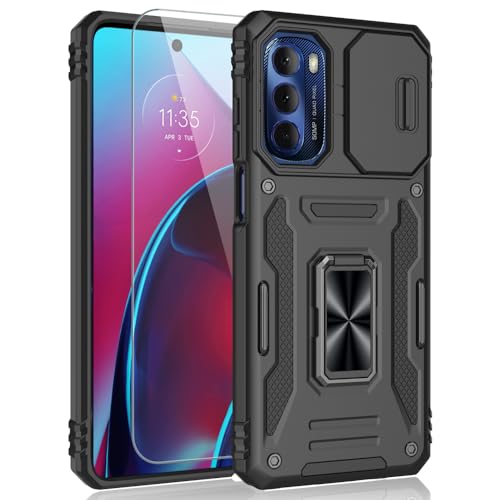 SYONER for Moto G Stylus 2022 Case, Shockproof Phone Case & Sliding Camera Cover & Ring Holder Kickstand with Screen Protector for Motorola Moto G Stylus 2022 (4G Version) [Black]