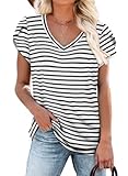 WIHOLL Short Sleeve T Shirts for Women Casual Summer 2025 Fashion Basic Tee V Neck Black Striped L