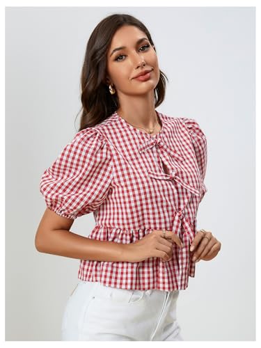 MakeMeChic Women's Plaid Gingham Bow Blouse Puff Sleeve Crew Neck Ruffle Hem Blouses Top3