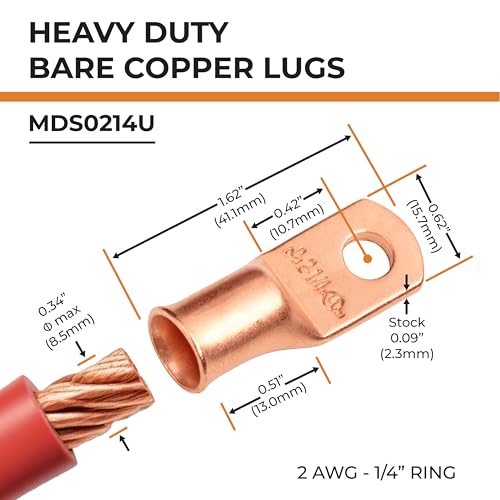SELTERM 2pcs 2 AWG 1/4" Stud Copper Wire Lugs, Battery Lugs, Ring Terminals, Battery Cable Ends, 2 Gauge Ring Terminal Connectors, UL Heavy Duty Bare Copper Eyelets Battery Terminal Connectors - Thumbnail 2