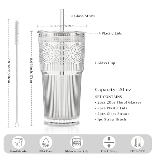 Image of INSETLAN 20oz Ribbed & Floral Glass Tumblers with Lids and Straws, Set of 2 - Clear Iced Coffee Cups, Reusable Drinking Glasses for Water, Smoothies, Tea, and Juice - Perfect for Travel & Daily Use