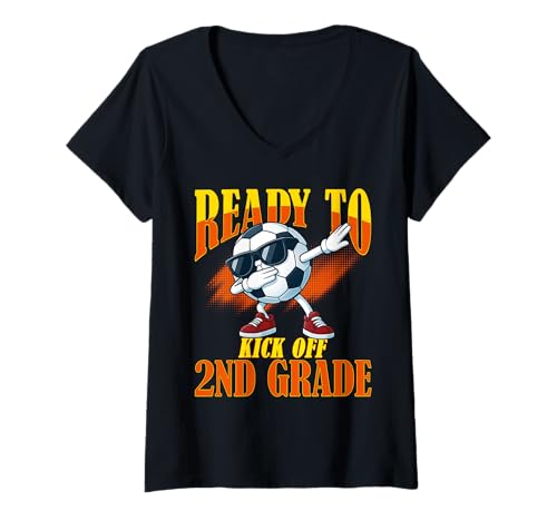 Women's Ready to Kick Off 2nd Grade Student Teacher Soccer Lover V-Neck T-Shirt