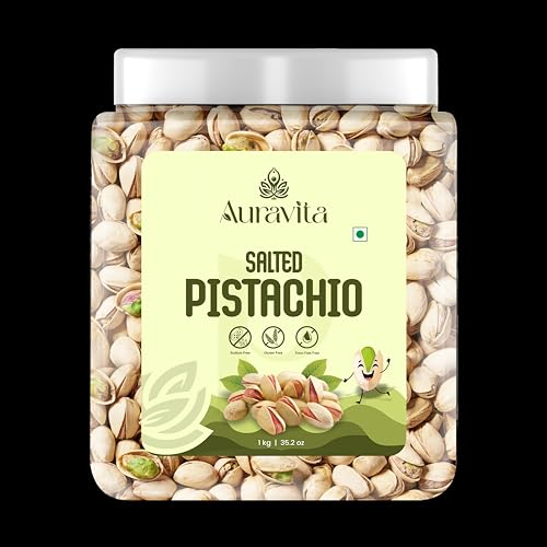 Image of Auravita Premium Roasted & Salted Pistachios 1KG | Crunchy & Flavorful Pista Dry Fruit | Resealable Jar | High in Protein & Fiber | Ideal for Snacking, Gifting & Recipes