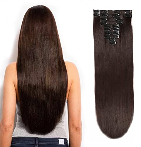 JIAMEISI 22 Inch Clip in Hair Extensions Long Straight Hair Extensions Clip in 12Pcs Synthetic Fiber Full Head Clip in Hairpieces for Women Double Weft 2/33 Black mixed Dark Brown