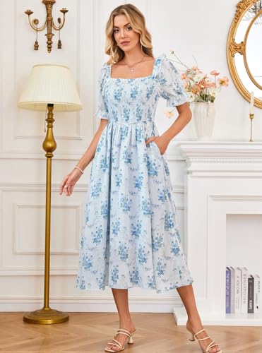 Scarlet Darkness Women's Cottagecore Dress Puff Sleeve Square Neck Flowy Smocked Maxi Dress3