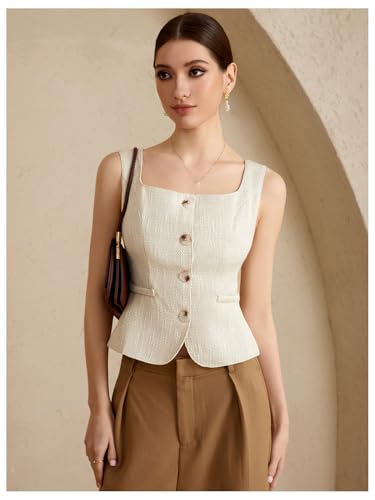 Women's Square Neck Button Down Blouse Sleeveless Split Hem Business Casual Vest Top3