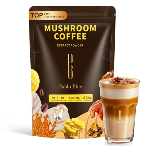 Pablo Blue Instant Mushroom Coffee & Collagen Coffee with 10 Organic Mushrooms – Lion’s Mane, Chaga, Reishi, L-Theanine in Mushroom Instant Coffee for Focus, Skin, Gut Health & Immunity, 30 Serv.