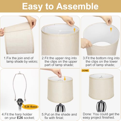 Image of Lamp Shades Set of 2, 11.6 inchTop x 12.6 inchBottom x 9.8 inchHigh, Champagne Beige | Drum Lampshades for Table Lamps, Floor Lamps, Natural Linen Lampshades for Bedroom, Living Room, Spider, Assembly Required