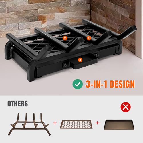 IGOHEALS Small Fireplace Grate 14 Inch - Wood Stove Fireplace Log Grates with Ember & Ash Trays Pan, Inside Outdoor Heavy Duty Wrought Cast Iron Rack Holder for Indoor Outdoor Chimney Hearth - Thumbnail 2