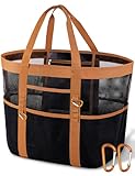 Yeendibo Chic & Spacious XX-Large Beach Bag for Women – 12 Pockets, Waterproof Mesh, Foldable & Lightweight, Includes 2 Carabiners for Beach Essentials, Toys, Family Travel & Vacations