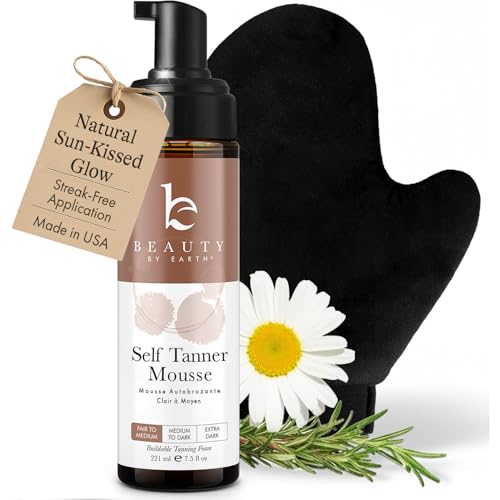 Self Tanner Tanning Mousse Kit – USA Made with Natural & Organic Ingredients, Self Tanner Mousse and Mitt, Tan Kit, Fake Tan Tanning Foam, Fair to Medium, Sunless Tanners Best Sellers