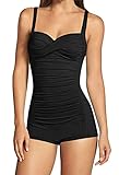 Viottiset Damen Einteiliger Hohe Taille Träger Monokini Bauchkontrolle Boyleg Geraffte Twist Front Badeanzug Schwarz M