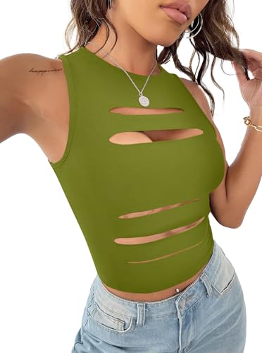 Image of LovelyWholesale Women Sexy Cut Out Crop Tank Tops Crew Neck Summer Sleeveless Top