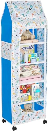 Image of SUBEKYU Kids Plastic Wardrobe Rack with Removable Cover, Baby Clothes Organizer & Storage Cabinet, Plastic Office Rack, White, Dinosaur